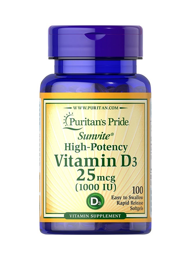 100 Softgels Of High Potency Vitamin D3 1000IU